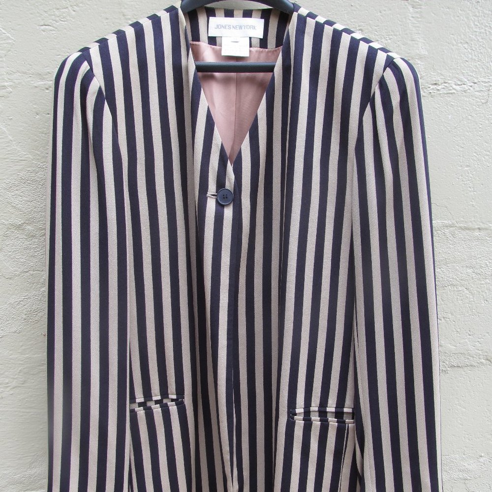 Jones New York Lined Stripe Blazer Navy Tan sz 14